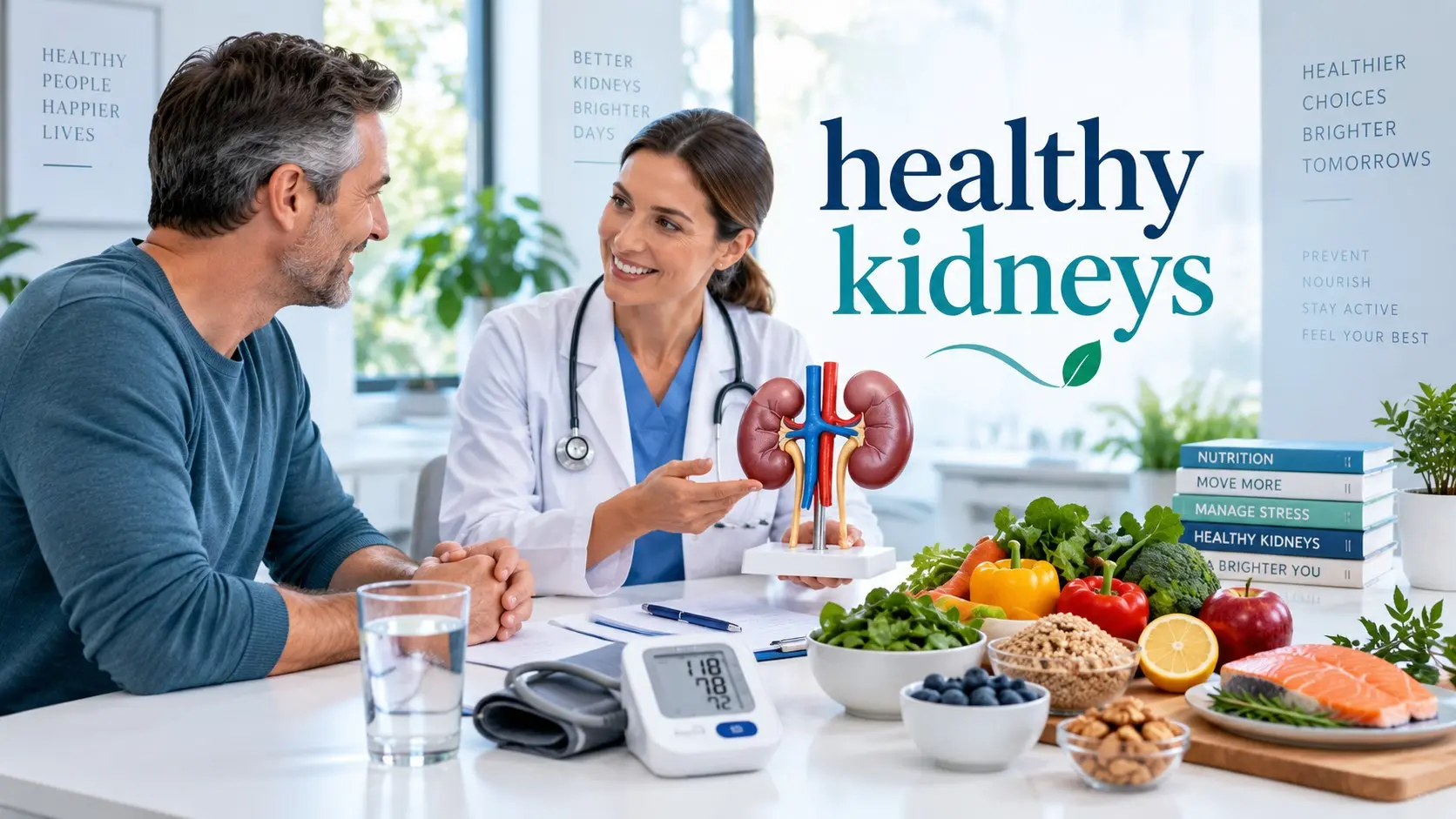 healthy kidneys guide showing kidney health testing, blood pressure, hydration, nutrition, and preventive care