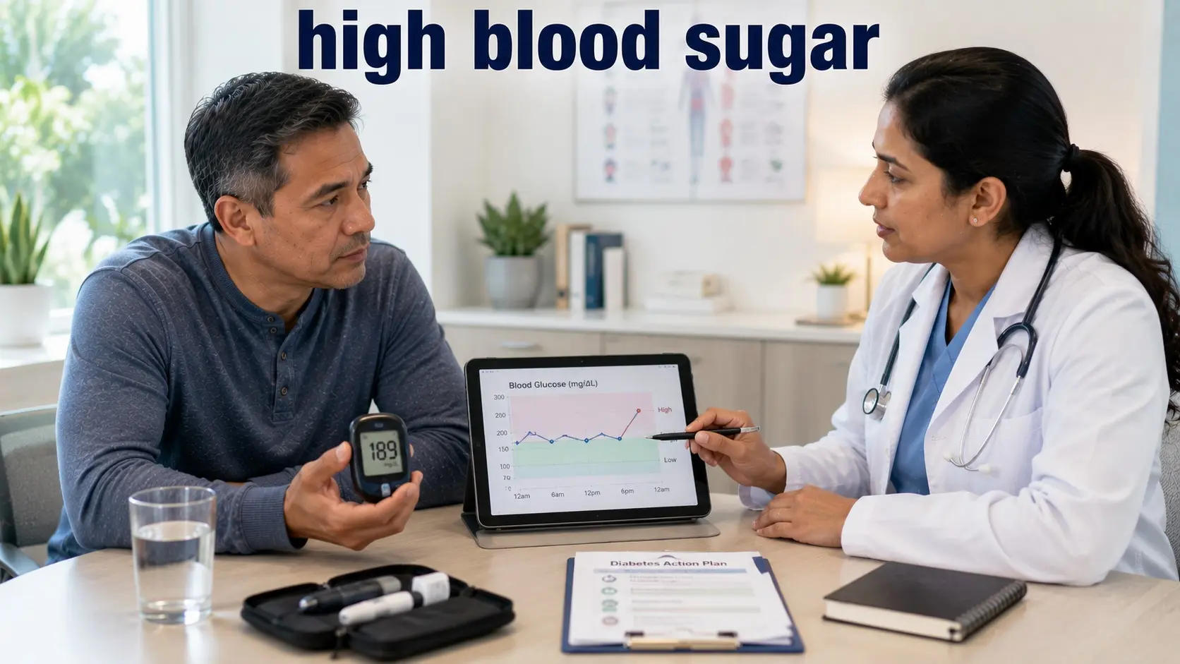 Patient reviews a high blood sugar reading and safe next steps with a diabetes healthcare professional.