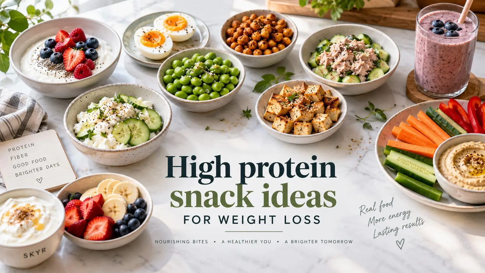 High protein snack ideas for weight loss including Greek yogurt, eggs, cottage cheese, edamame, tofu, tuna, fruit, and fiber rich foods.