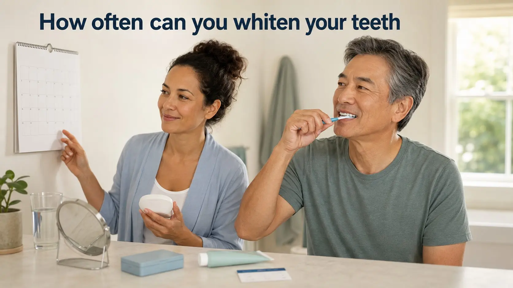 How often can you whiten your teeth- Adults reviewing a whitening schedule and following a gentle oral care routine with natural looking teeth