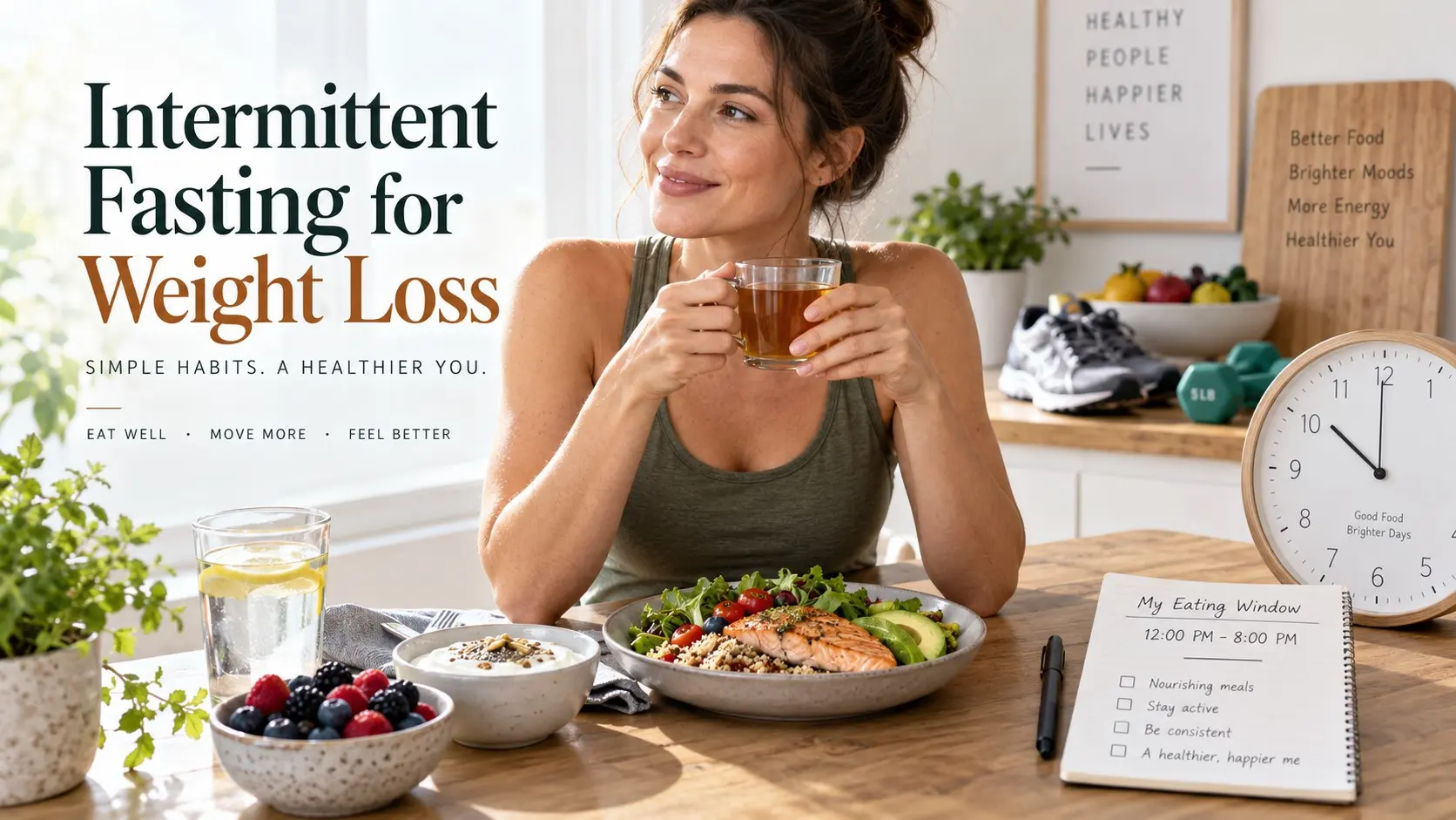 Intermittent fasting for weight loss with a healthy eating window, balanced meals, water, protein foods, vegetables, and sustainable habits.