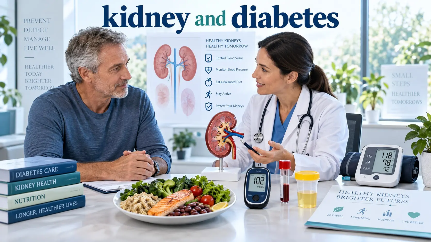 kidney and diabetes guide showing kidney testing, blood sugar monitoring, blood pressure control, healthy food, and medical care
