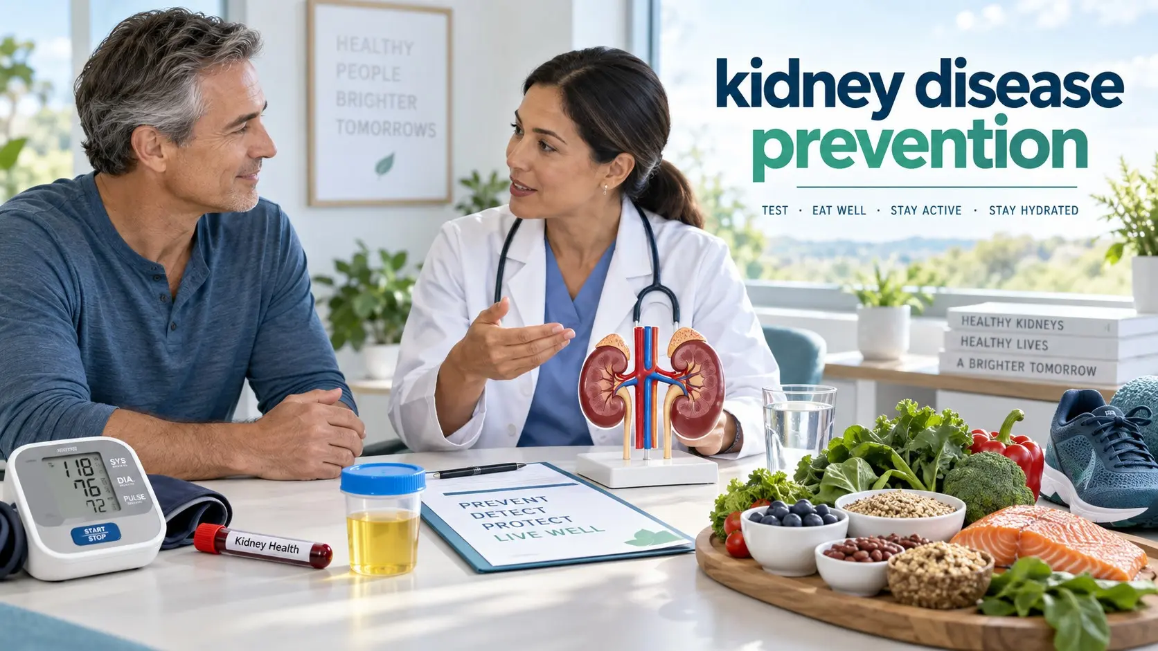 kidney disease prevention with kidney testing, blood pressure control, healthy food, exercise, and medical care