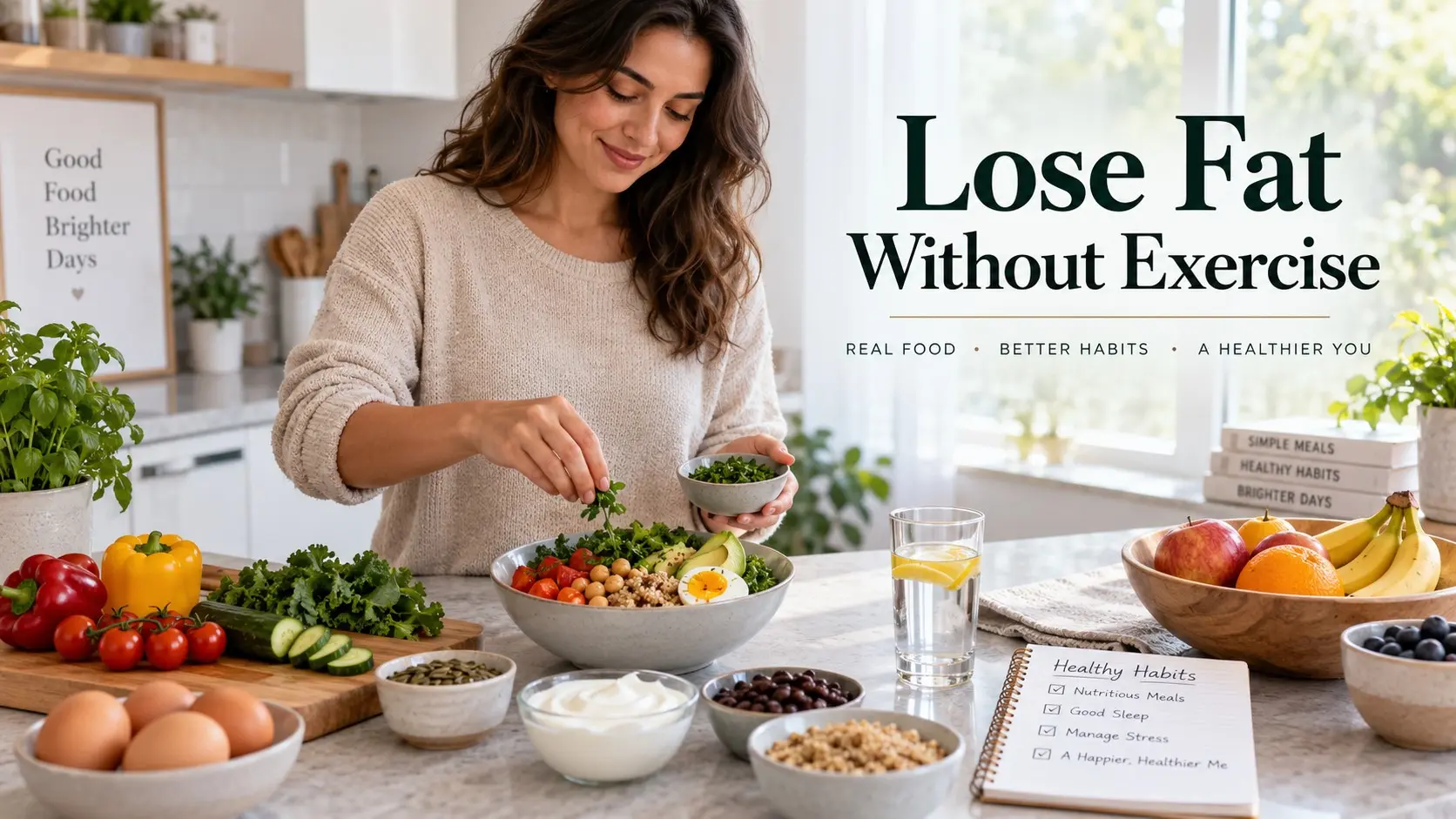 Lose fat without exercise using balanced meals, protein, fiber, portion awareness, water, sleep, stress care, and sustainable daily habits.