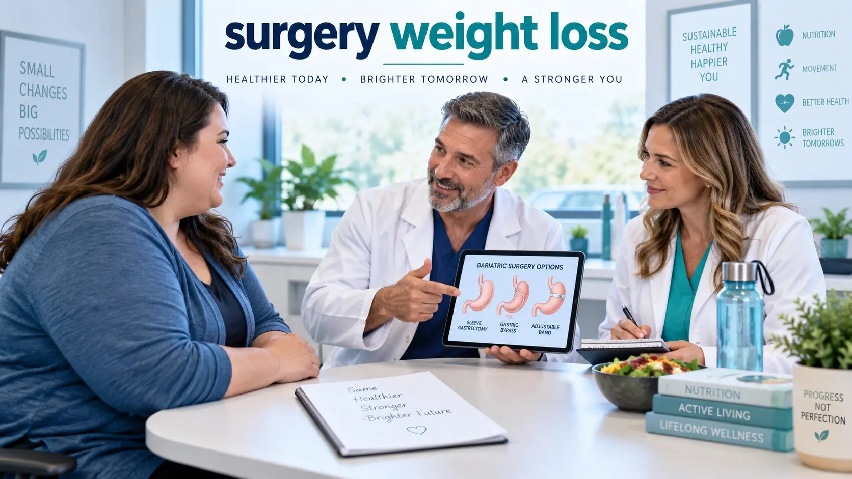 surgery weight loss consultation showing gastric sleeve, gastric bypass, nutrition, vitamins, activity, and lifelong bariatric care