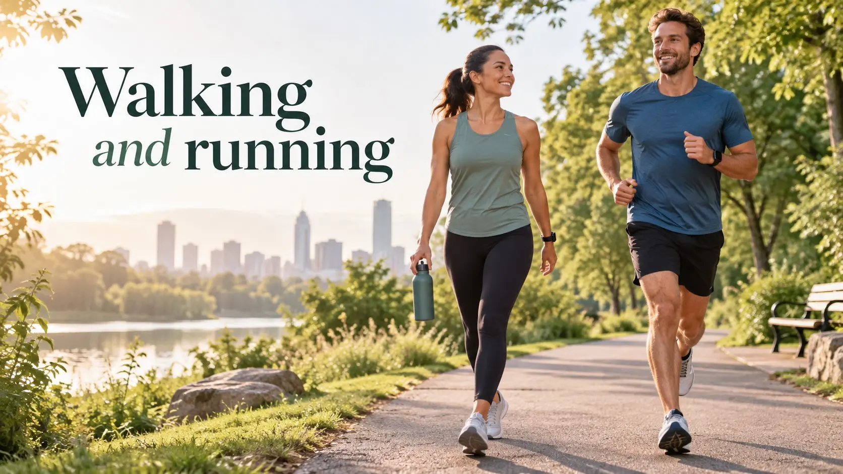 Walking and running on a park path showing the benefits, differences, heart health, calorie burn, fitness, and lower impact exercise choices.