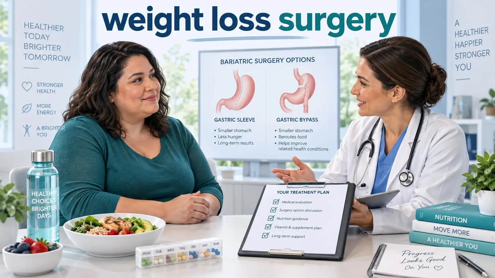 weight loss surgery consultation showing gastric sleeve, gastric bypass, nutrition, vitamins, activity, and lifelong medical follow up