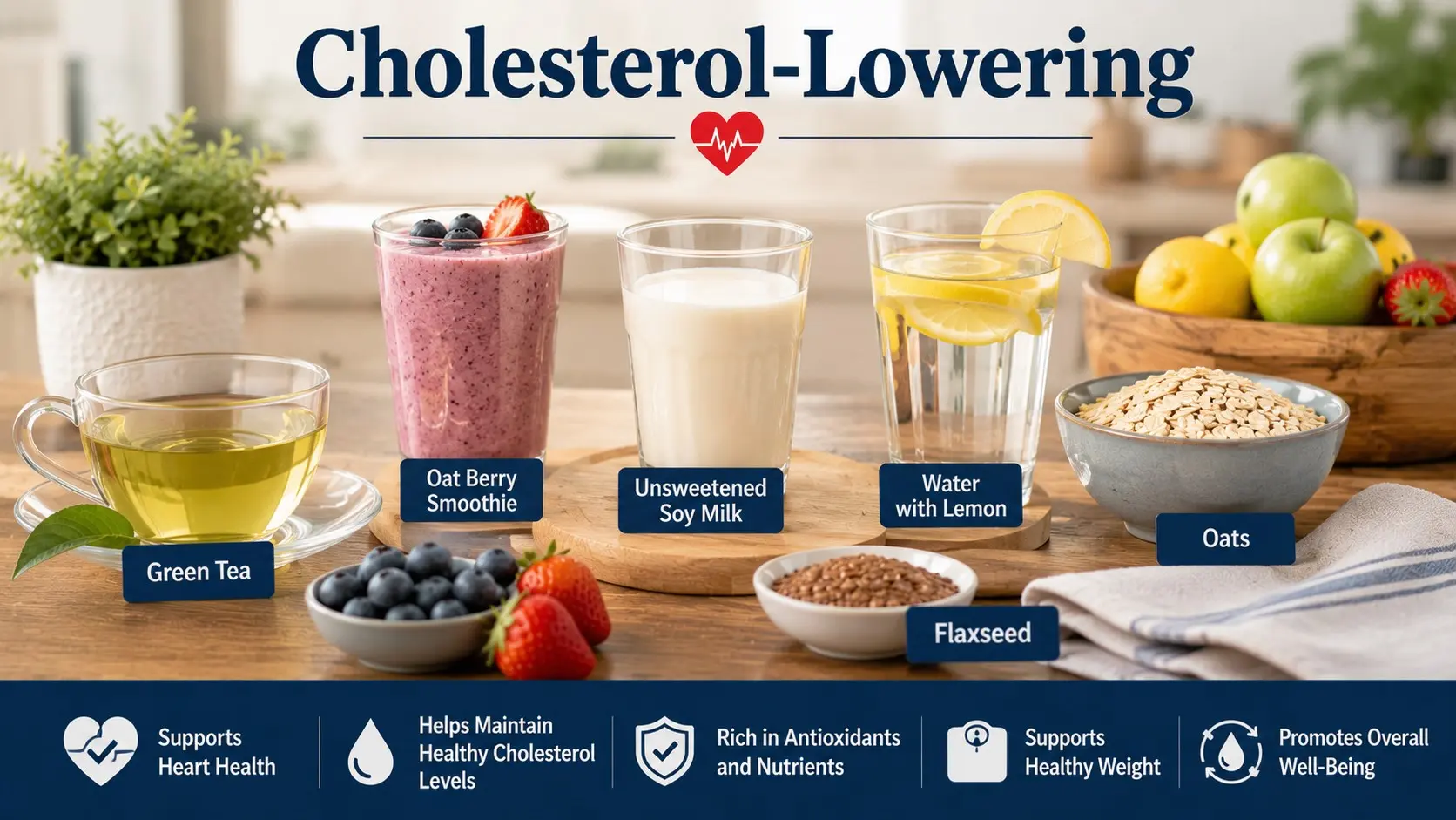 Cholesterol-Lowering guide with green tea, oat smoothie, soy milk, water, berries, and heart health icons.