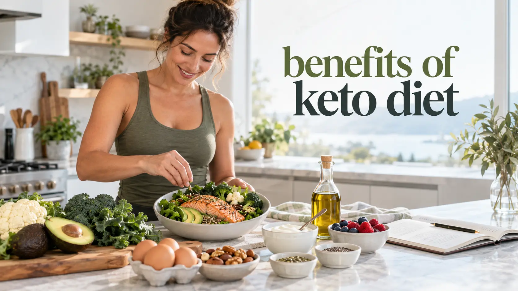 Benefits of keto diet with salmon, eggs, avocado, olive oil, nuts, seeds, low carbohydrate vegetables, weight management, and metabolic health.