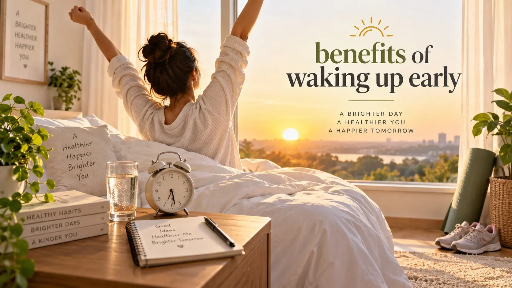 benefits of waking up early with morning light, enough sleep, exercise, planning, calm mornings, and a consistent sleep schedule