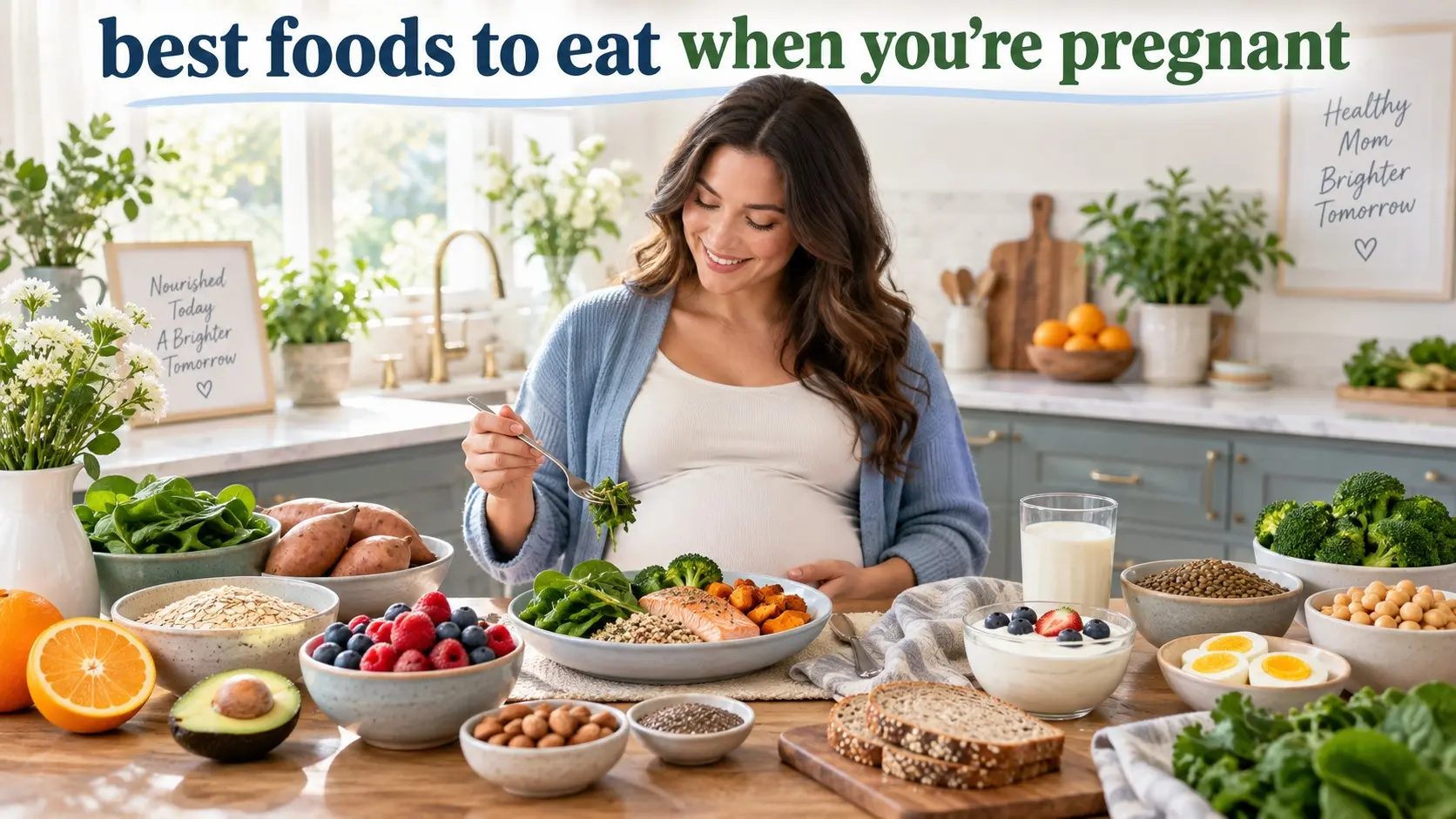 best foods to eat when you’re pregnant including cooked salmon, eggs, yogurt, lentils, leafy greens, berries, whole grains, avocado, nuts, and seeds