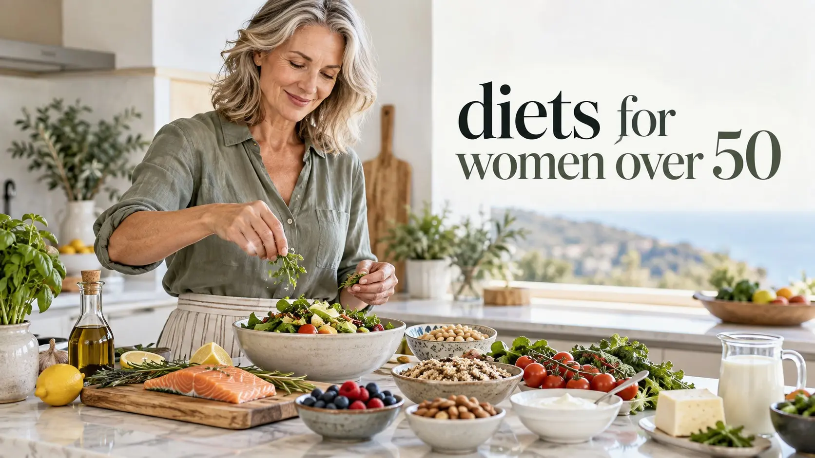 Diets for women over 50 with Mediterranean foods, protein, calcium, fiber, healthy fats, and nutrients for heart, bone, muscle, and healthy aging.