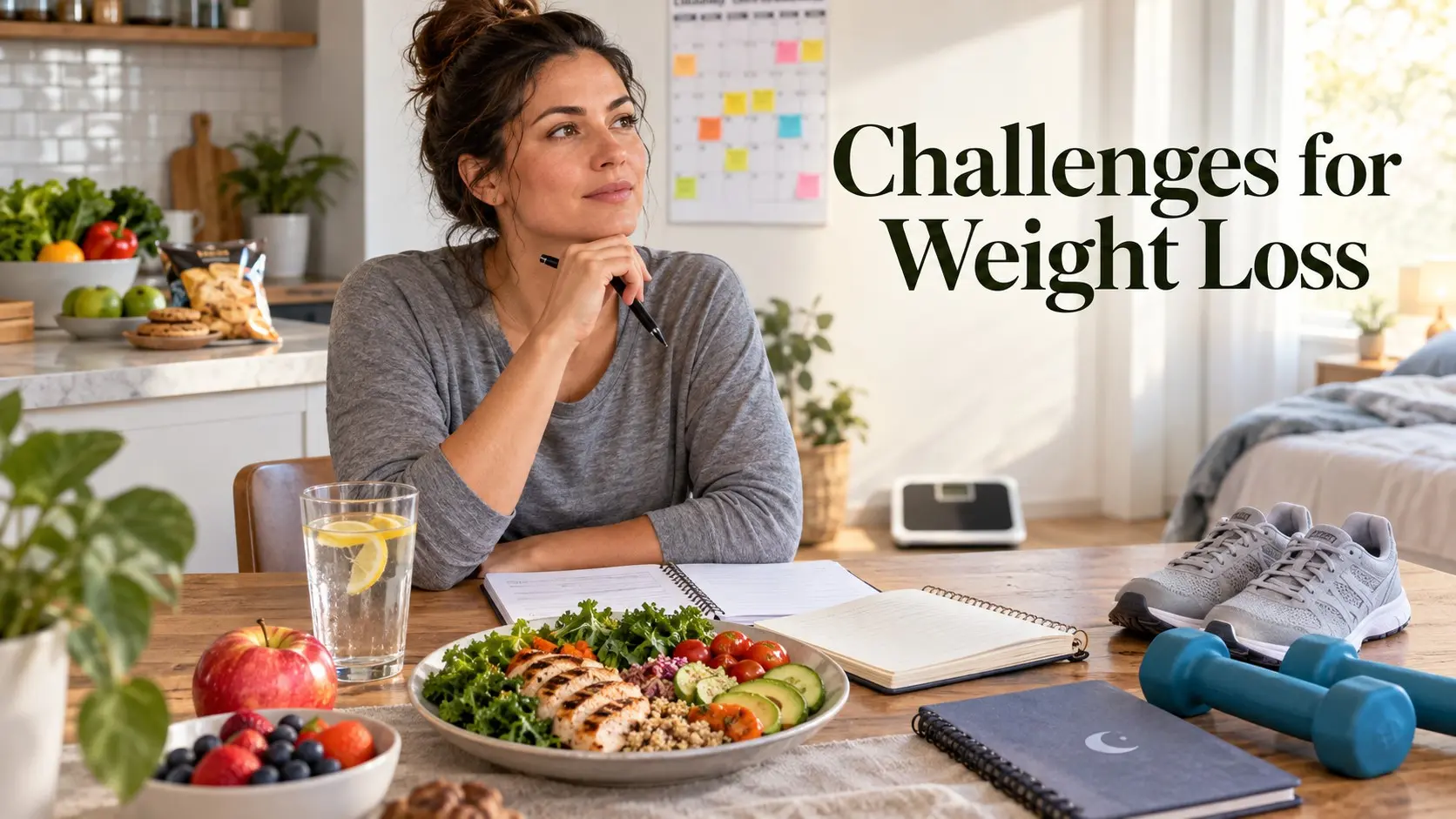 Challenges for weight loss including hunger, sleep, stress, plateaus, food environment, exercise, medicines, tracking, and weight regain.