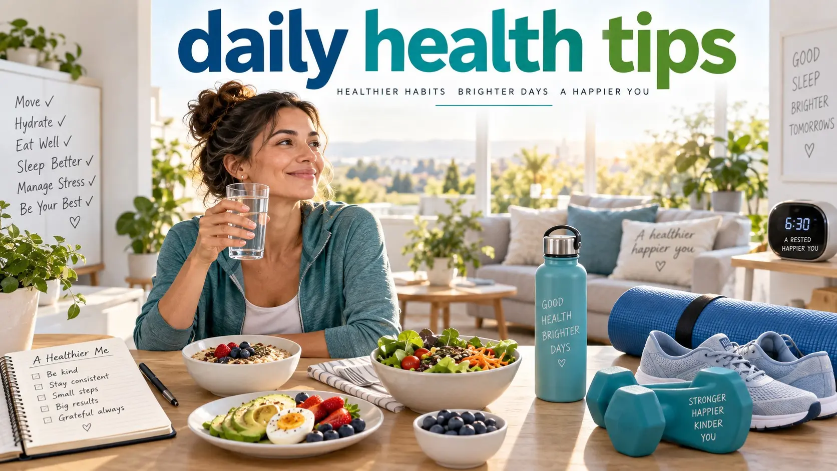 daily health tips with healthy food, hydration, walking, strength training, sleep, stress management, and preventive care