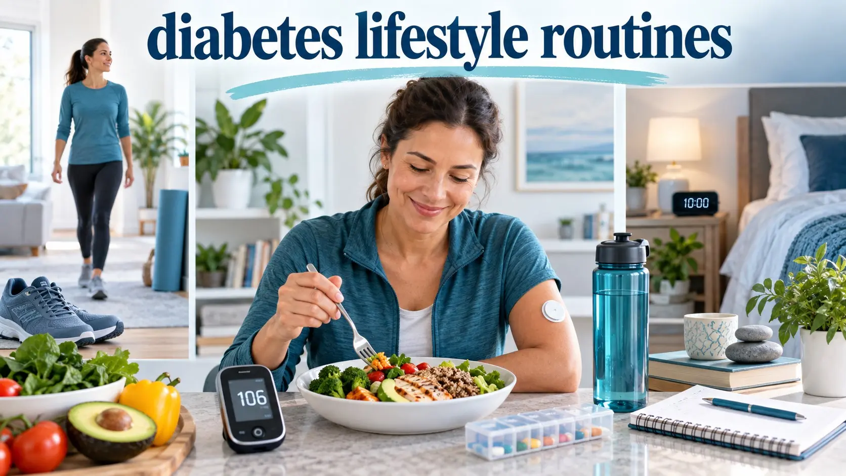 diabetes lifestyle routines with healthy meals, glucose checks, walking, medicines, sleep, stress care, and regular health checks