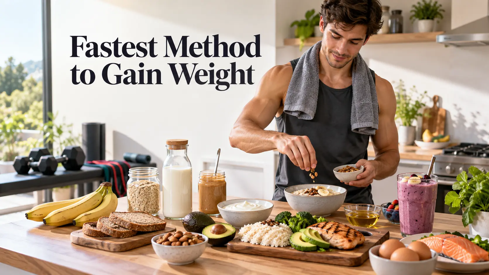 Fastest method to gain weight with calorie rich nutritious foods, protein, healthy fats, regular meals, shakes, and strength training.