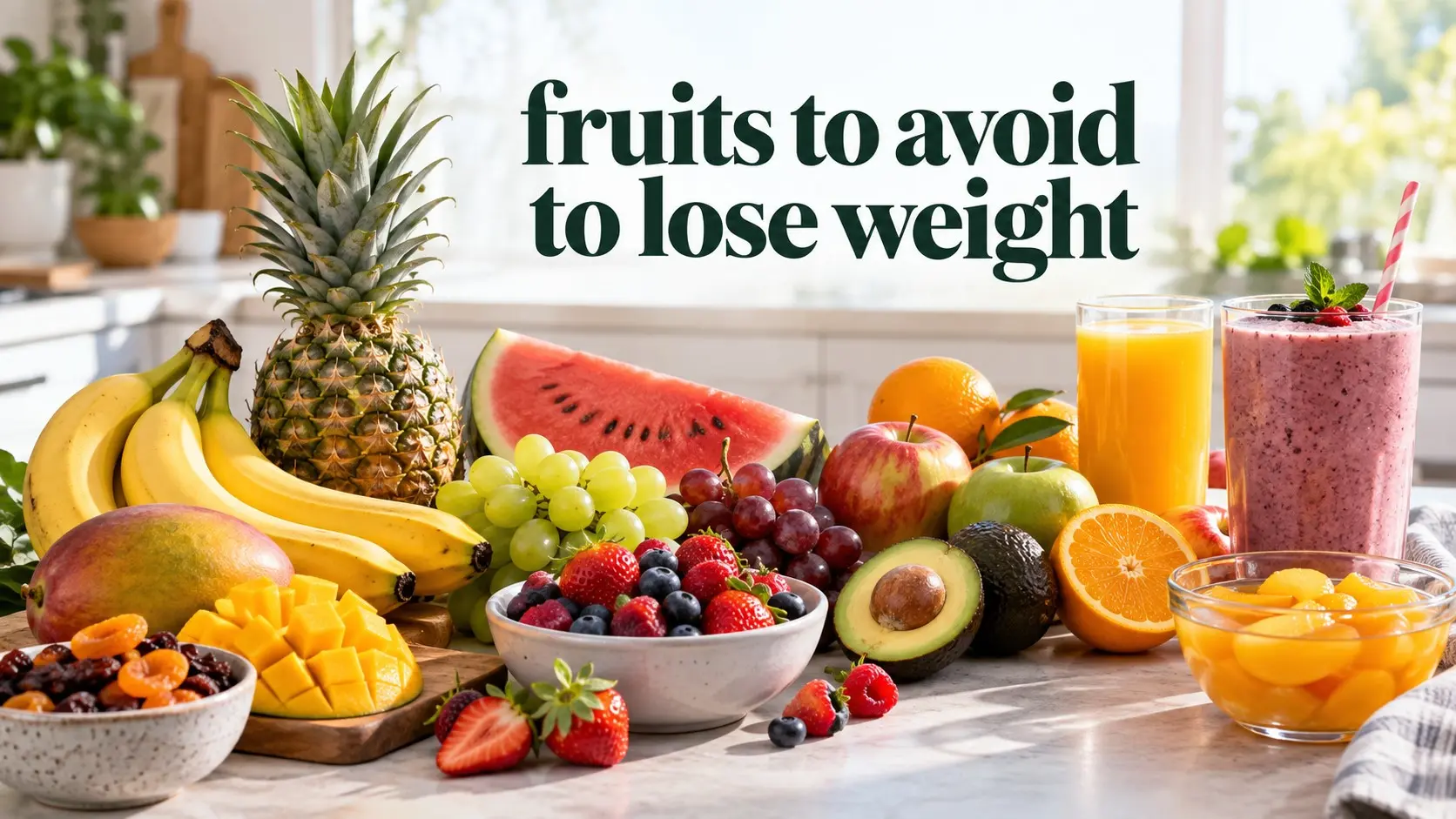 Fruits to avoid to lose weight explained with whole fruit, fruit juice, dried fruit, syrup, smoothies, portions, fiber, and healthy weight loss choices.