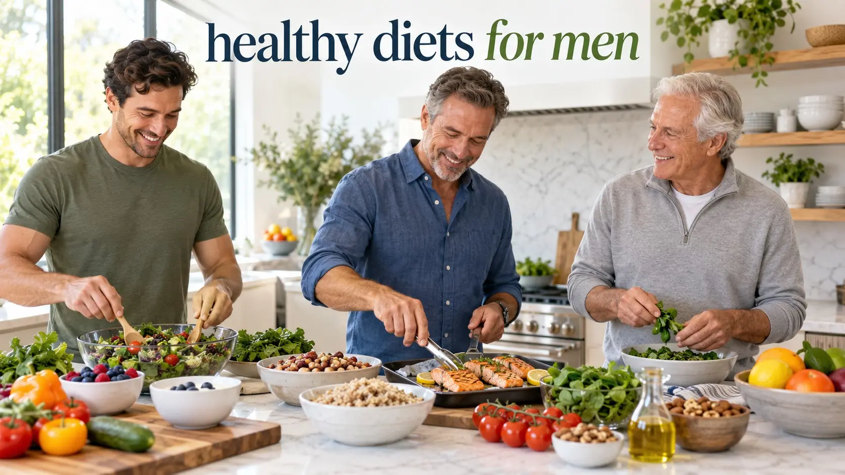 Healthy diets for men with Mediterranean foods, protein, fiber, whole grains, healthy fats, vegetables, and nutrition for heart, muscle, and healthy aging
