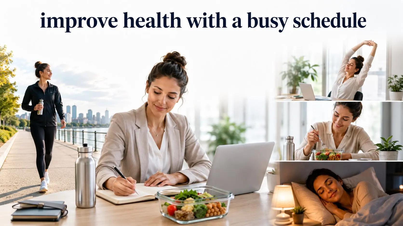 improve health with busy schedule - Busy adult improving health with walking, healthy meals, water, sleep planning, stress relief, work breaks, and simple daily wellness habits