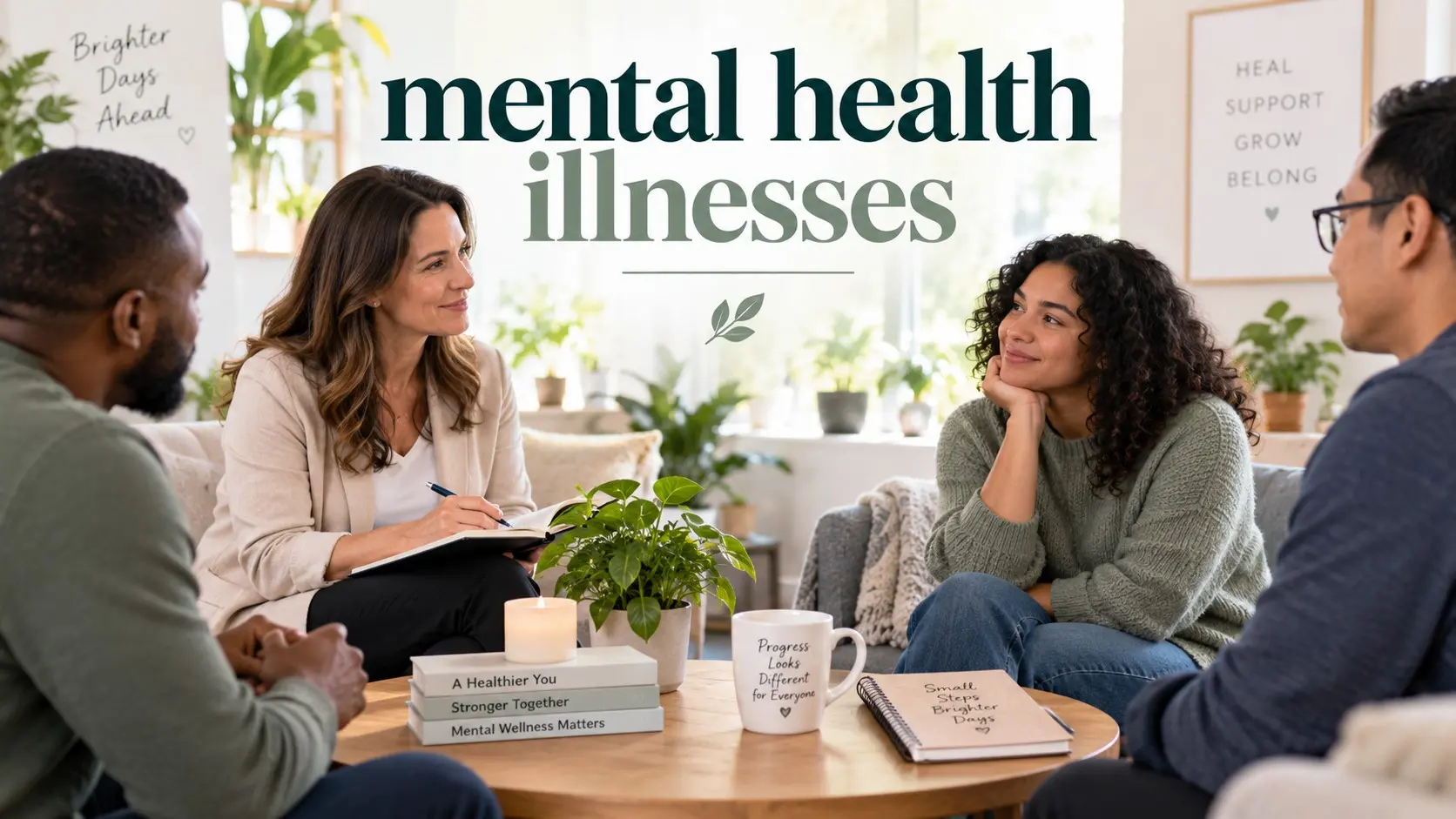 mental health illnesses including anxiety, depression, bipolar disorder, PTSD, OCD, schizophrenia, eating disorders, ADHD, and treatment support