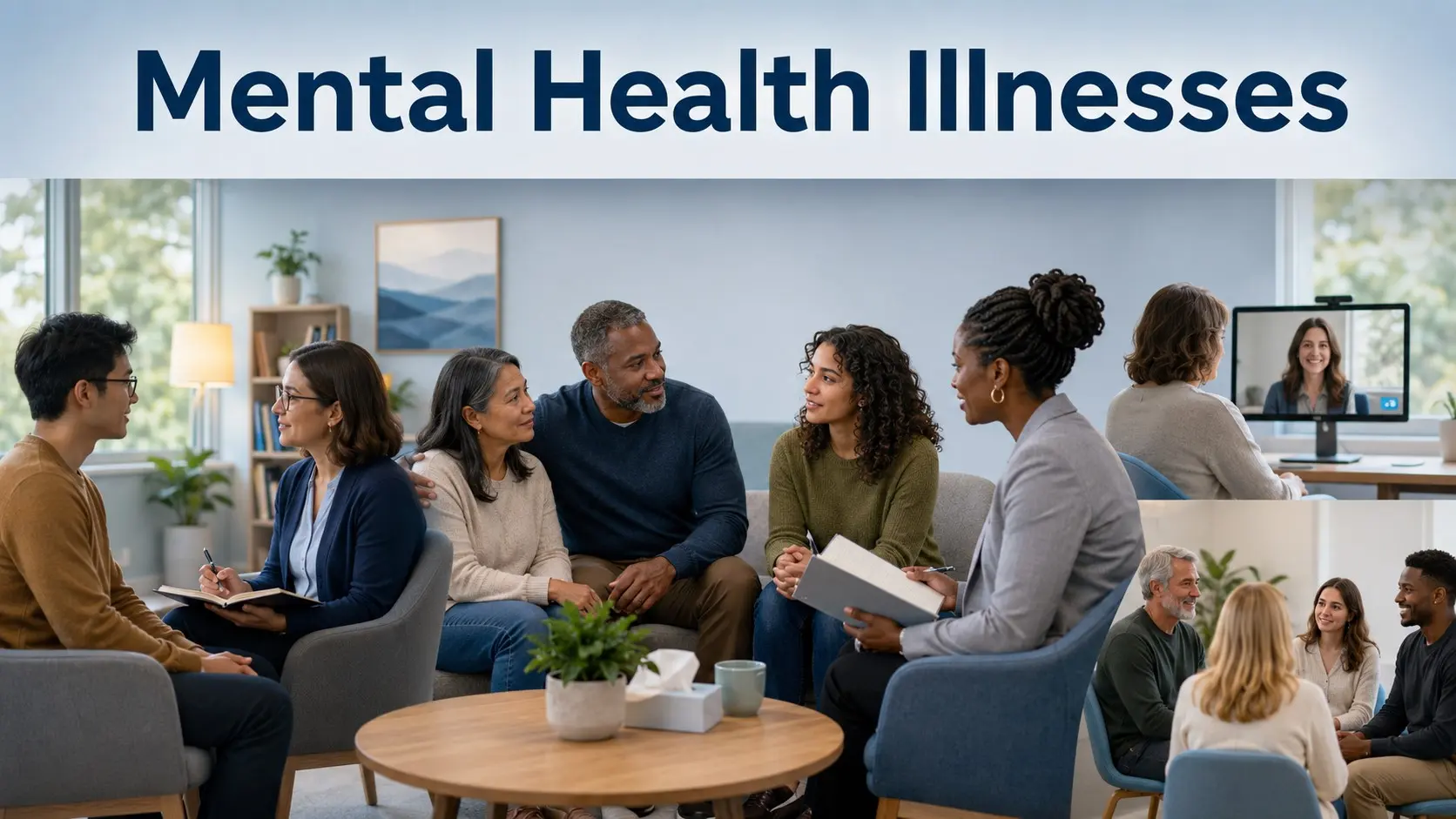 Mental Health Illnesses- Diverse adults speaking with a mental-health professional about assessment, therapy, medication, and support.