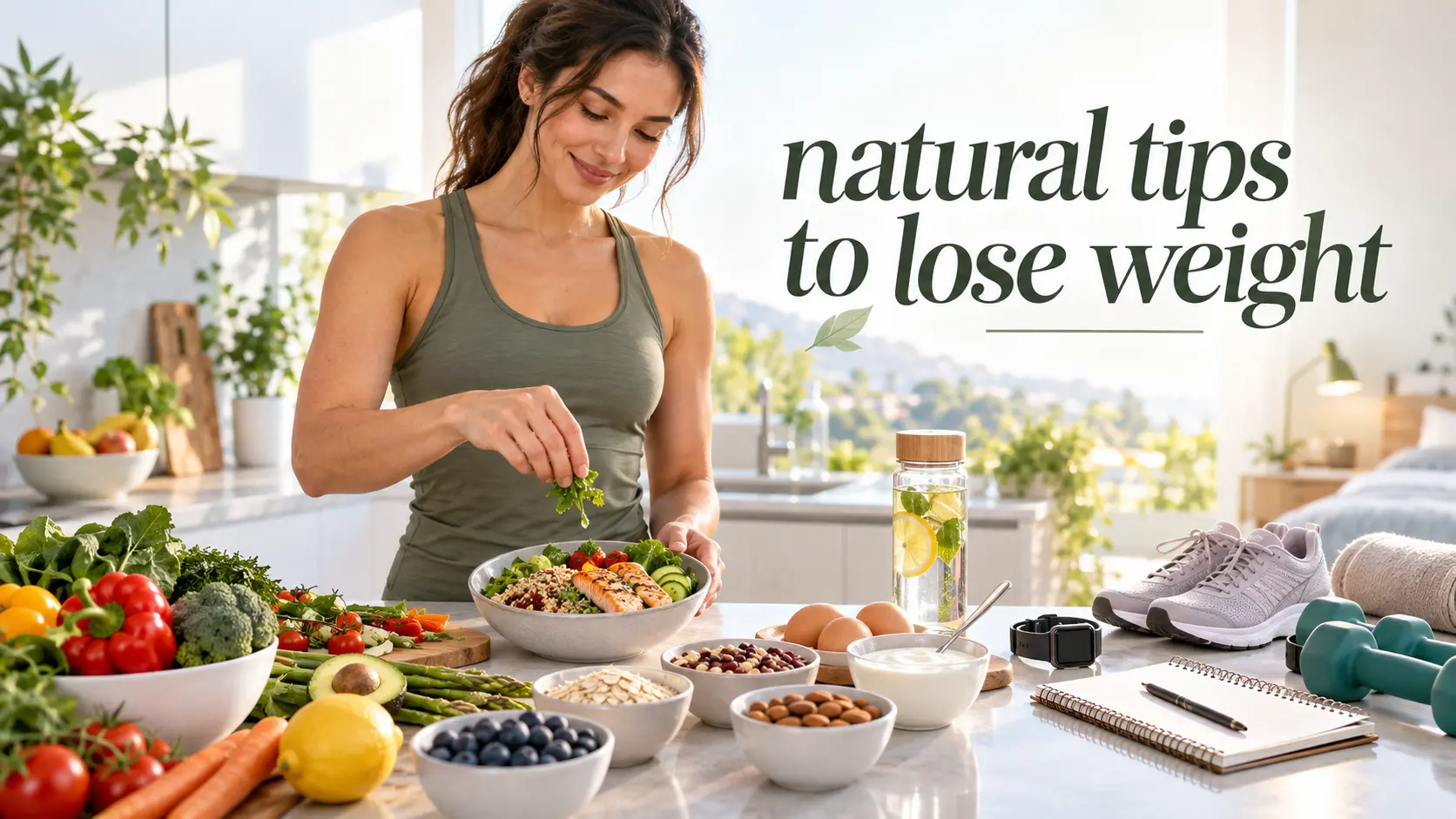 Natural tips to lose weight with healthy foods, protein, fiber, walking, strength training, sleep, hydration, tracking, and sustainable habits.