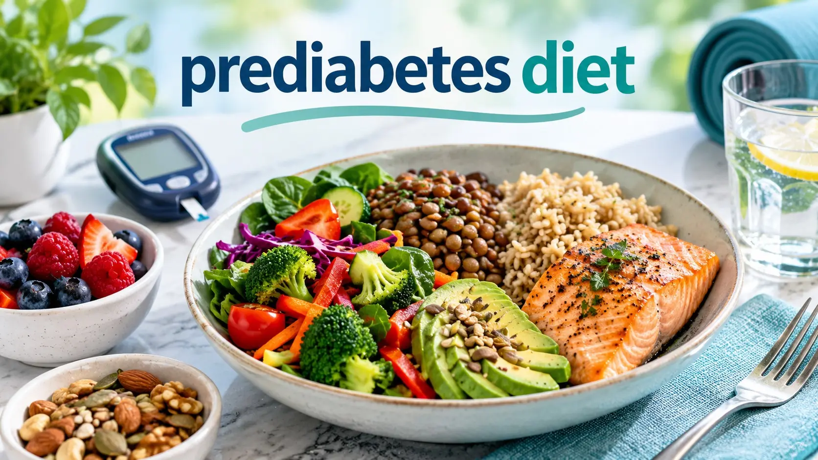 prediabetes diet with vegetables, whole grains, beans, lean protein, fruit, nuts, water, and healthy blood glucose choices