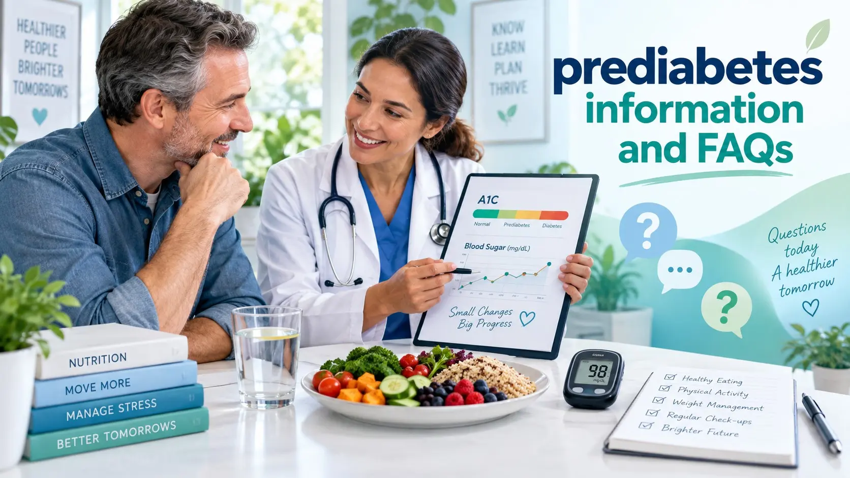 prediabetes information and FAQs showing blood sugar testing, A1C, insulin resistance, healthy food, activity, and diabetes prevention