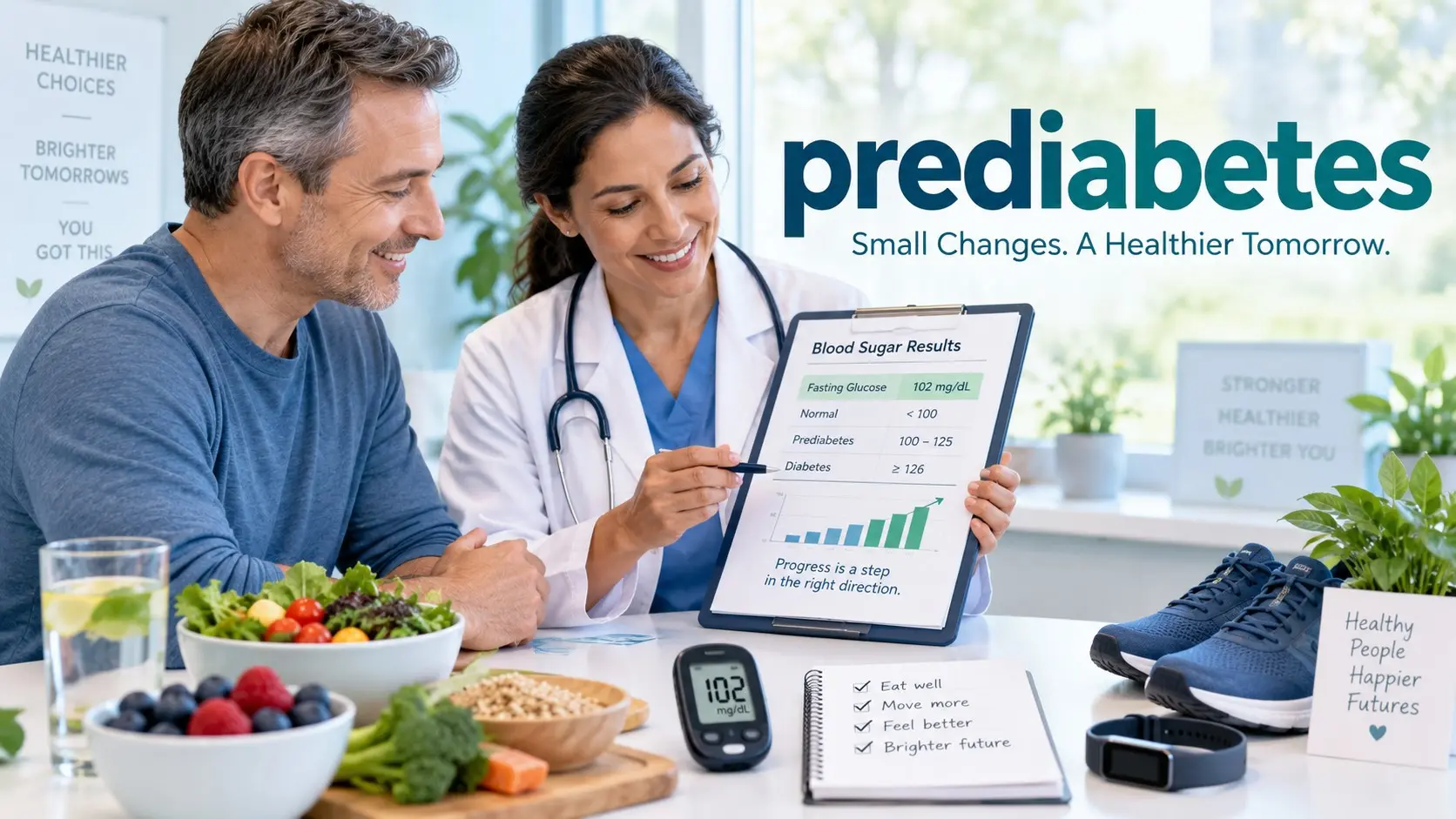 prediabetes guide showing A1C, fasting glucose, insulin resistance, healthy food, physical activity, weight care, and diabetes prevention