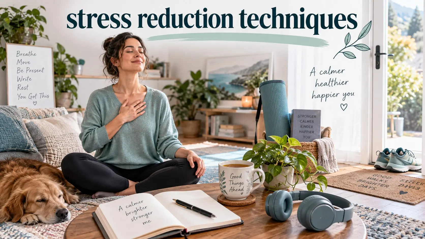 stress reduction techniques including slow breathing, walking, mindfulness, journaling, social support, nature, music, and healthy sleep