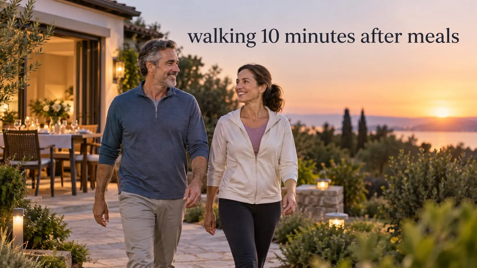 Walking 10 minutes after meals to support blood sugar control, reduce post meal glucose spikes, increase muscle glucose uptake, and break up sitting.