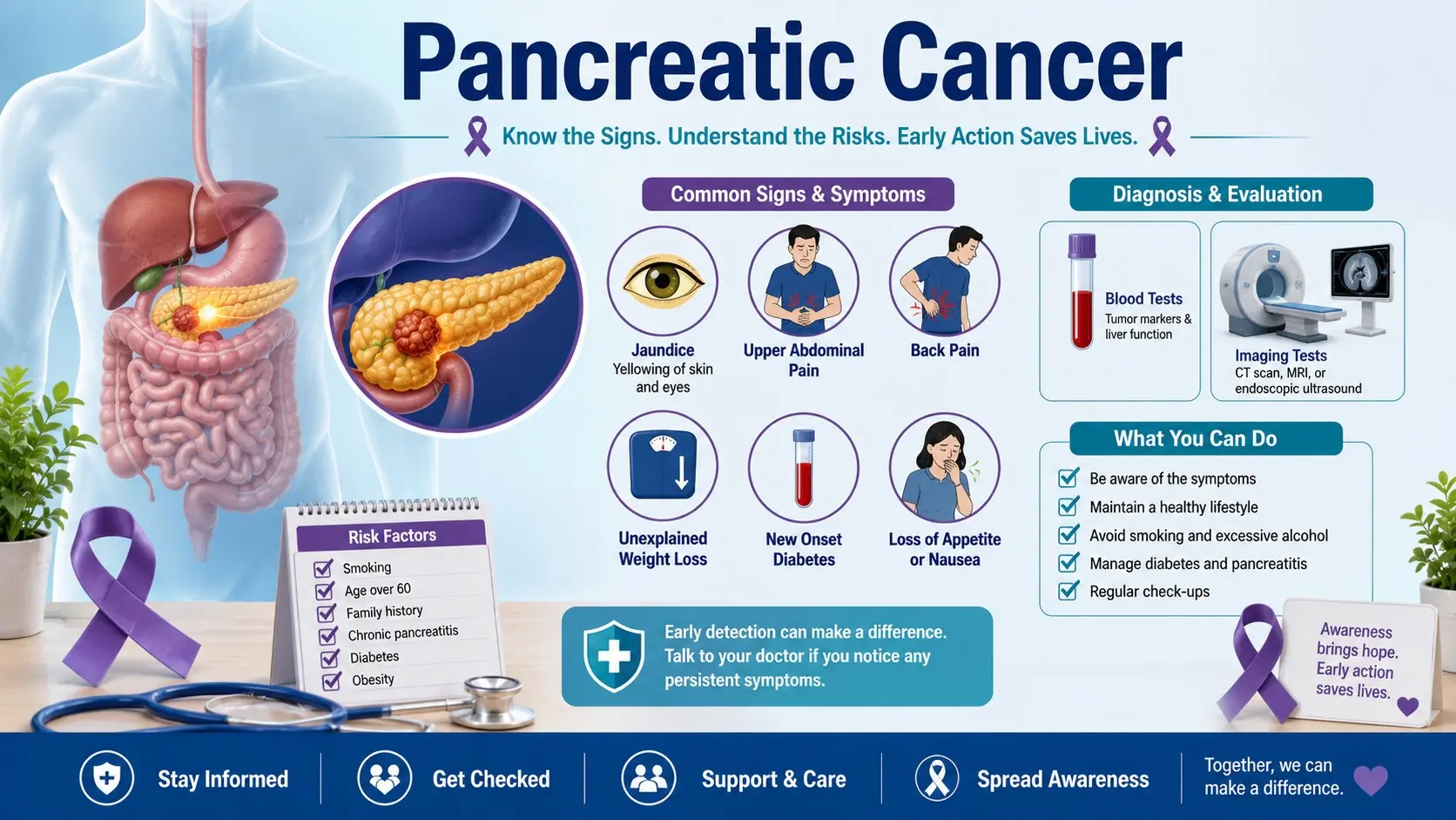 Pancreatic Cancer guide with pancreas icon, jaundice, belly pain, back pain, weight loss, blood test, scan, and doctor checklist icons