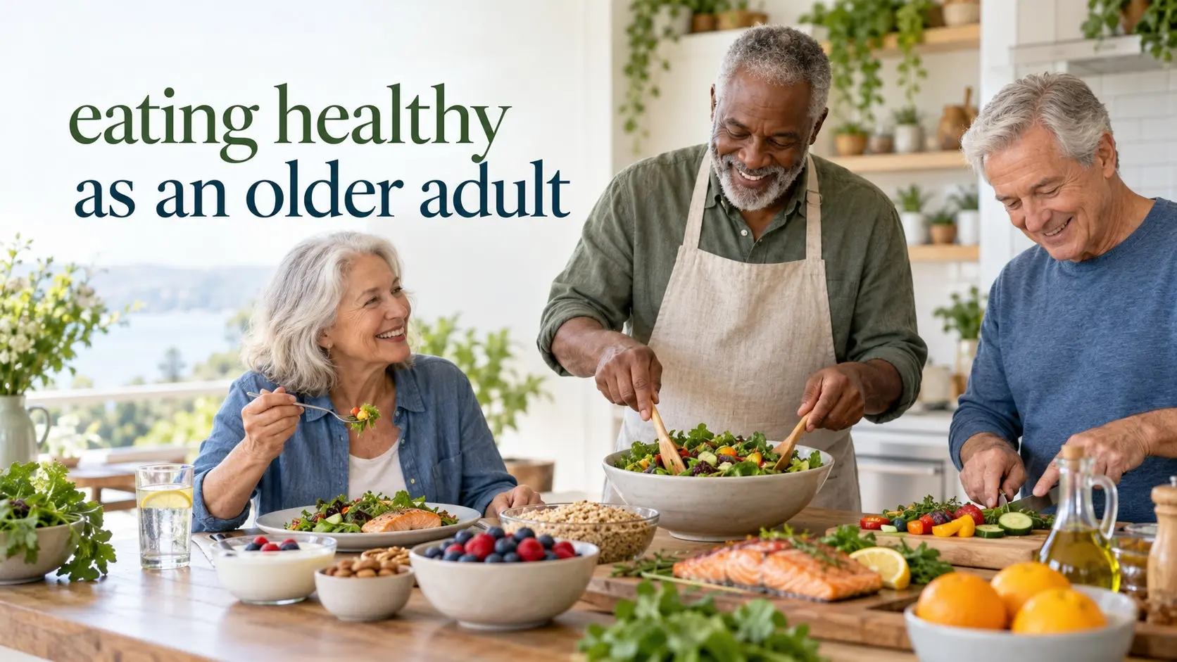 eating healthy as an older adult with protein, vegetables, fruit, whole grains, calcium rich foods, and water