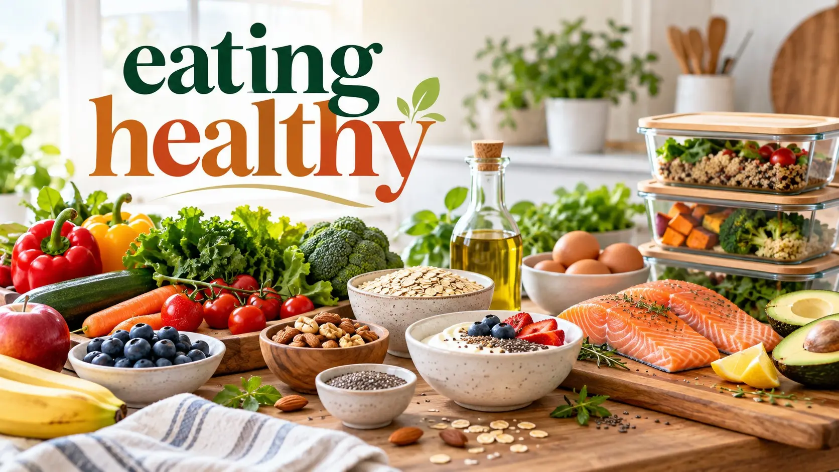 Eating healthy with balanced meals, fresh produce, whole grains, protein, healthy snacks, and simple meal prep for busy lives
