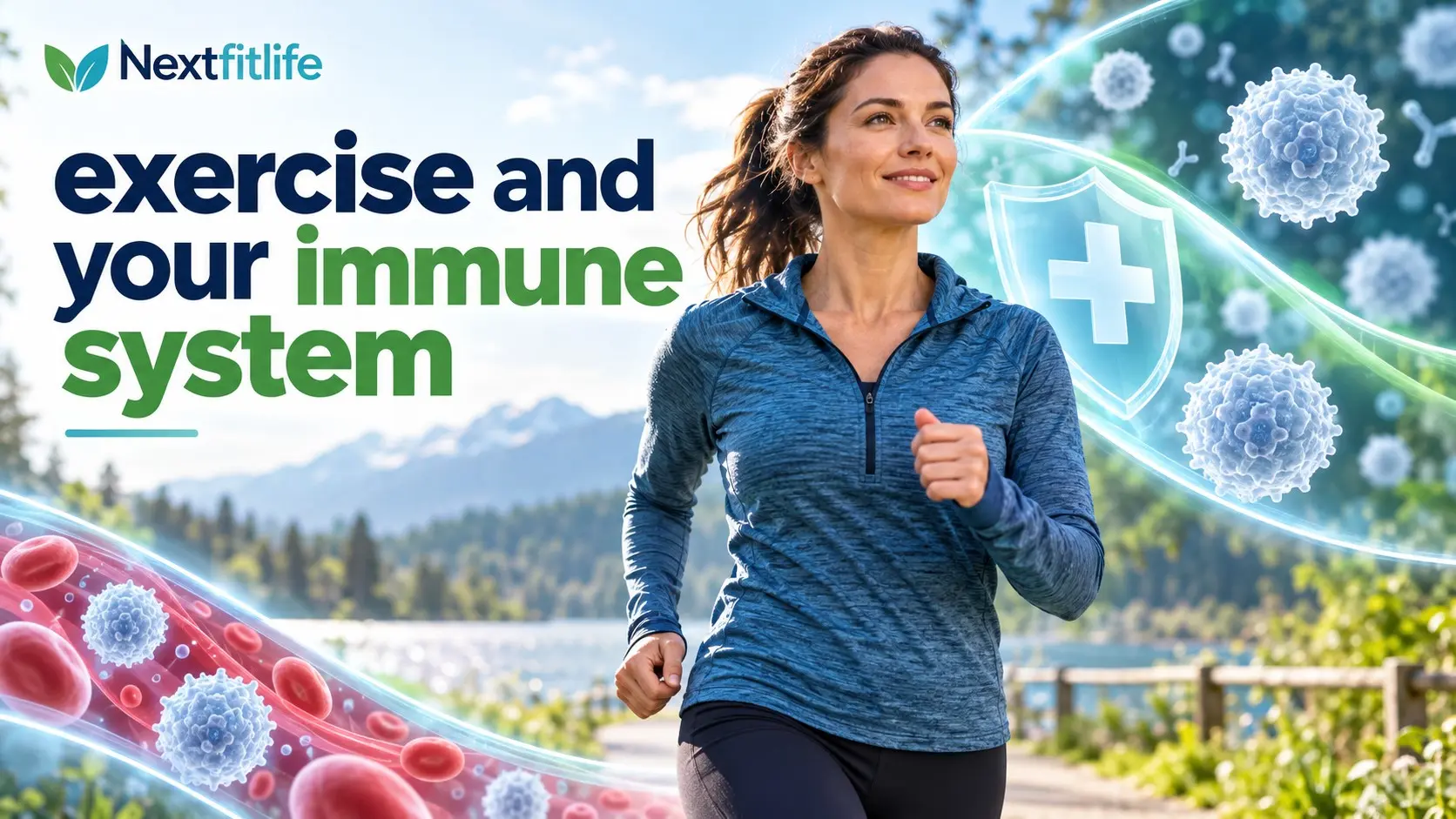 Exercise and your immune system showing moderate activity, circulating immune cells, inflammation control, and healthy recovery