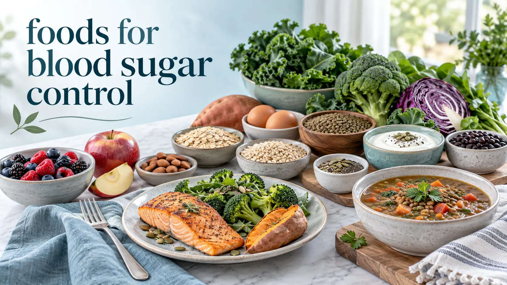 foods for blood sugar control including vegetables, lentils, oats, berries, nuts, salmon, whole fruit, yogurt, and winter meals