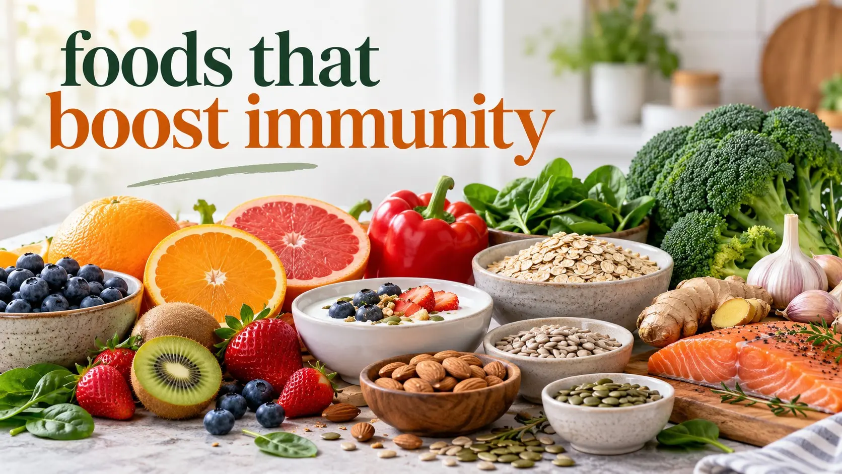 Foods that boost immunity including citrus fruit, berries, broccoli, yogurt, salmon, nuts, seeds, legumes, and leafy greens