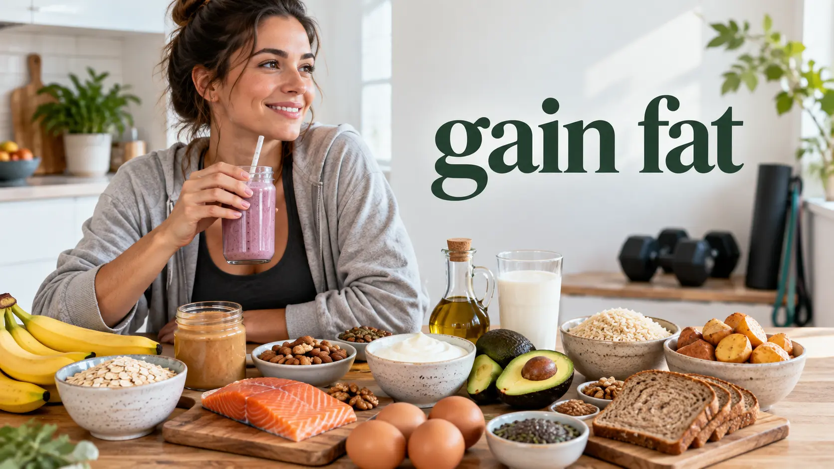 gain fat safely with nutrient dense foods, calorie rich meals, protein, healthy fats, smoothies, and strength training