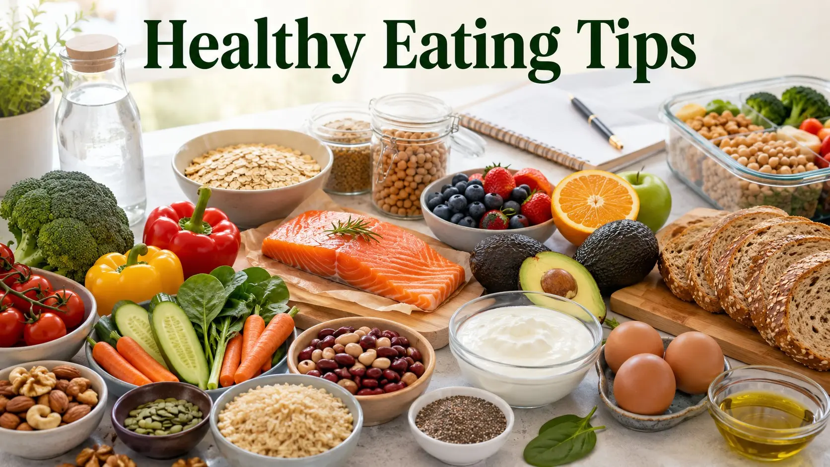 Healthy Eating Tips - Colorful healthy meal with vegetables, fruit, whole grains, beans, fish, nuts and water showing simple healthy eating tips for daily life