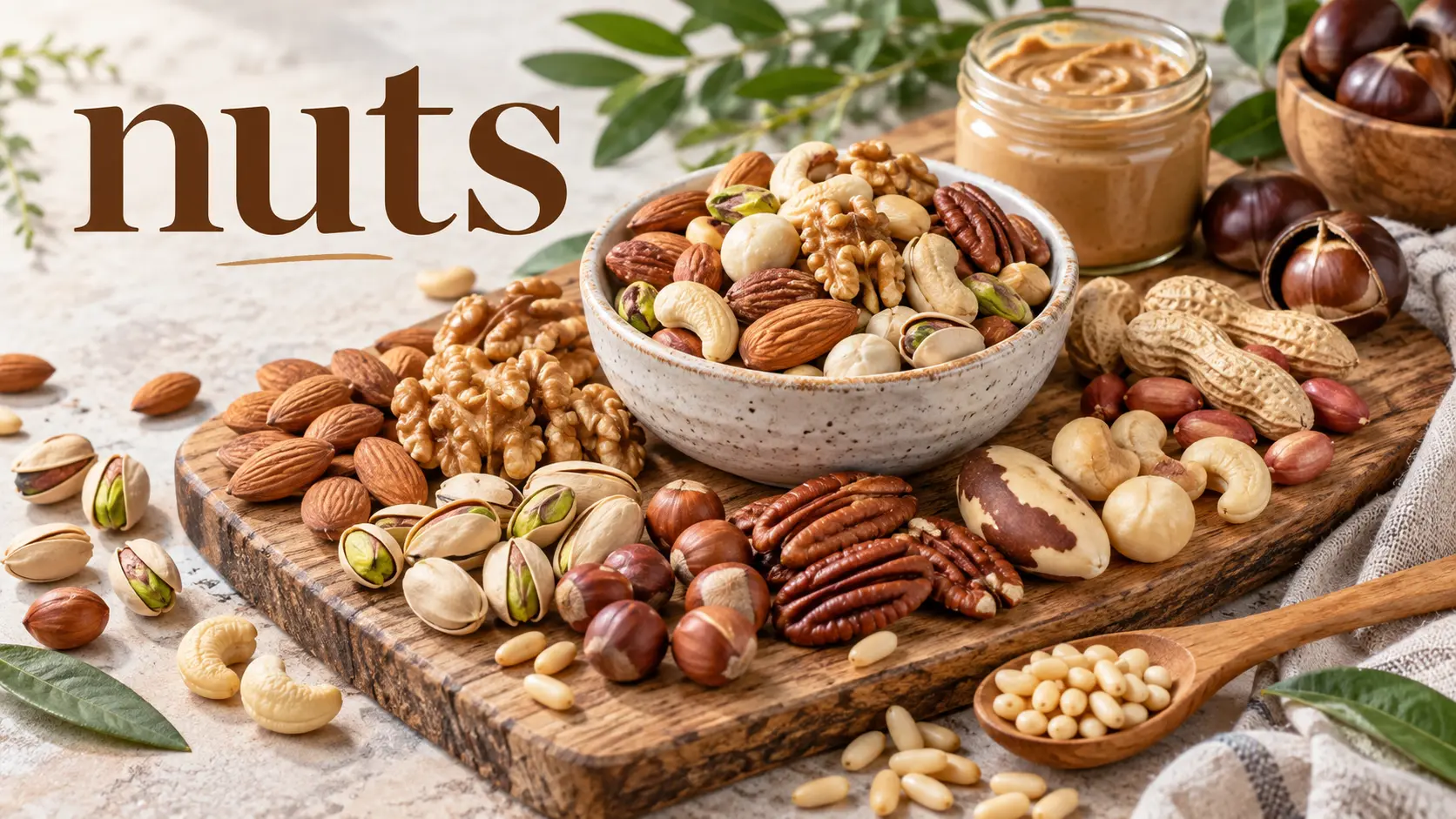 nuts including almonds, walnuts, pistachios, pecans, cashews, hazelnuts, Brazil nuts, peanuts, and other healthy choices