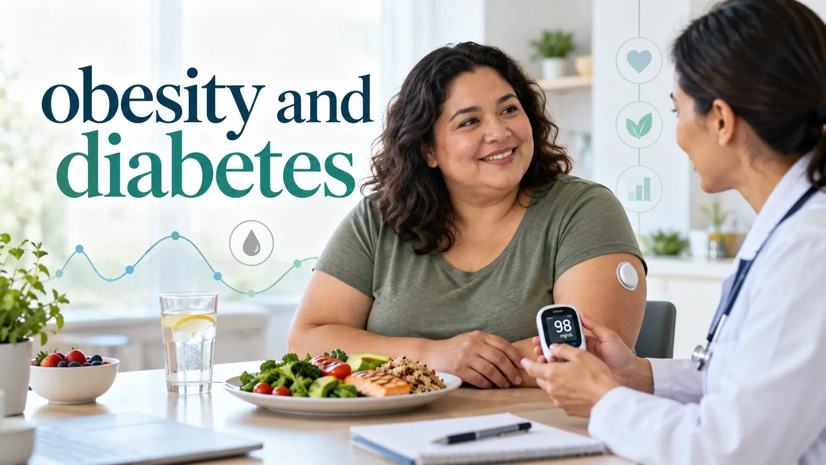 Obesity and diabetes explained through healthy food, blood glucose monitoring, movement, and evidence based weight care