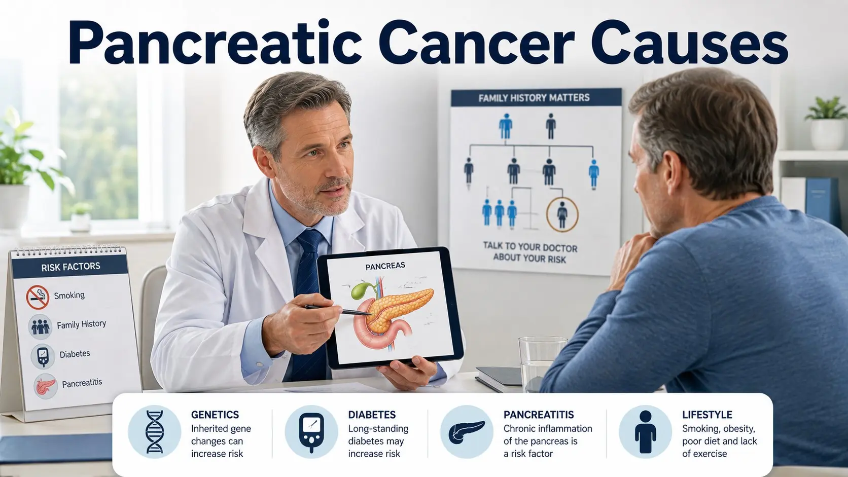 Doctor explaining pancreatic cancer causes and risk factors using a pancreas diagram with notes about genetics, smoking, diabetes and pancreatitis