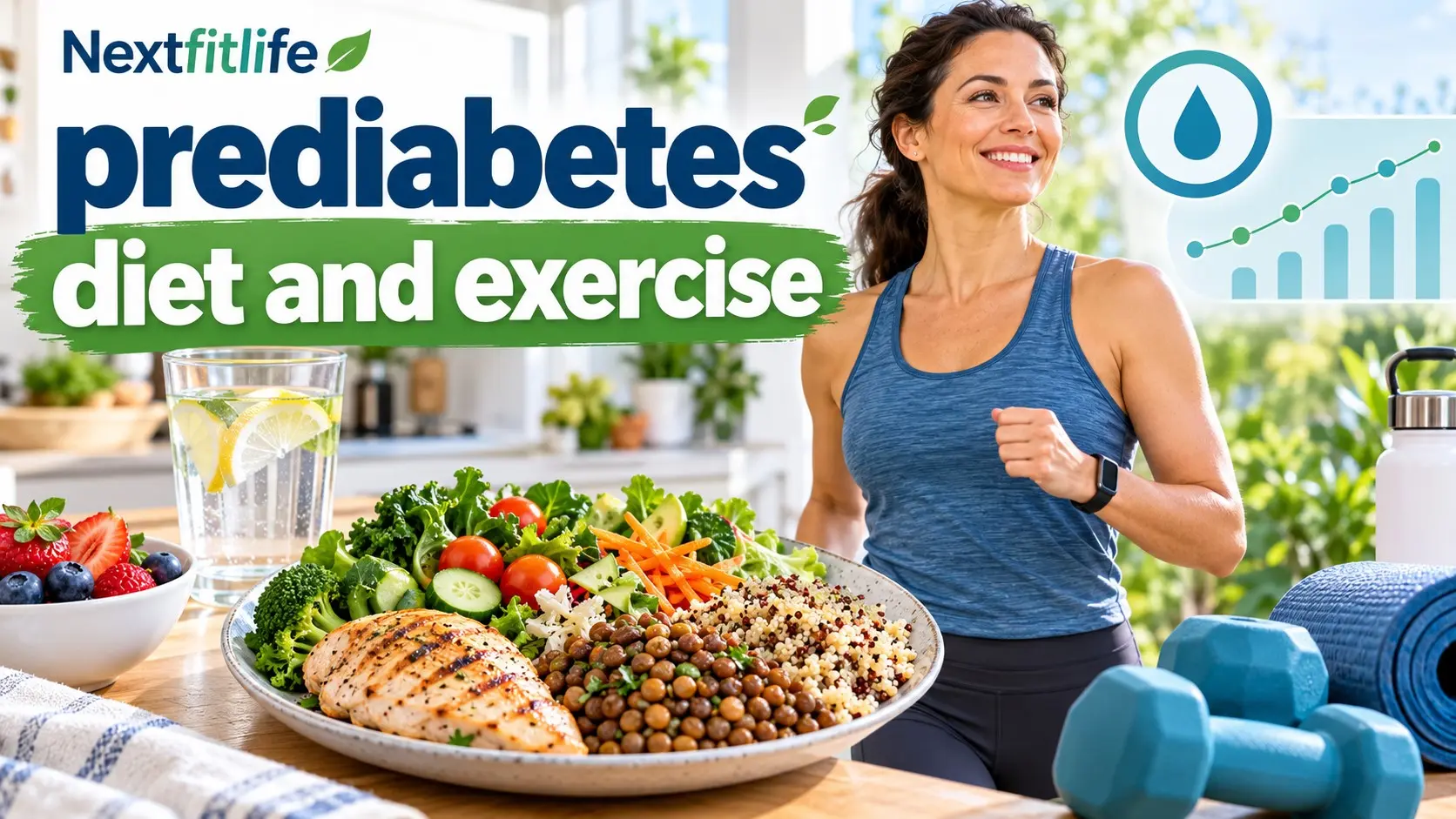 Prediabetes diet and exercise plan with balanced food, walking, resistance training, and blood sugar management