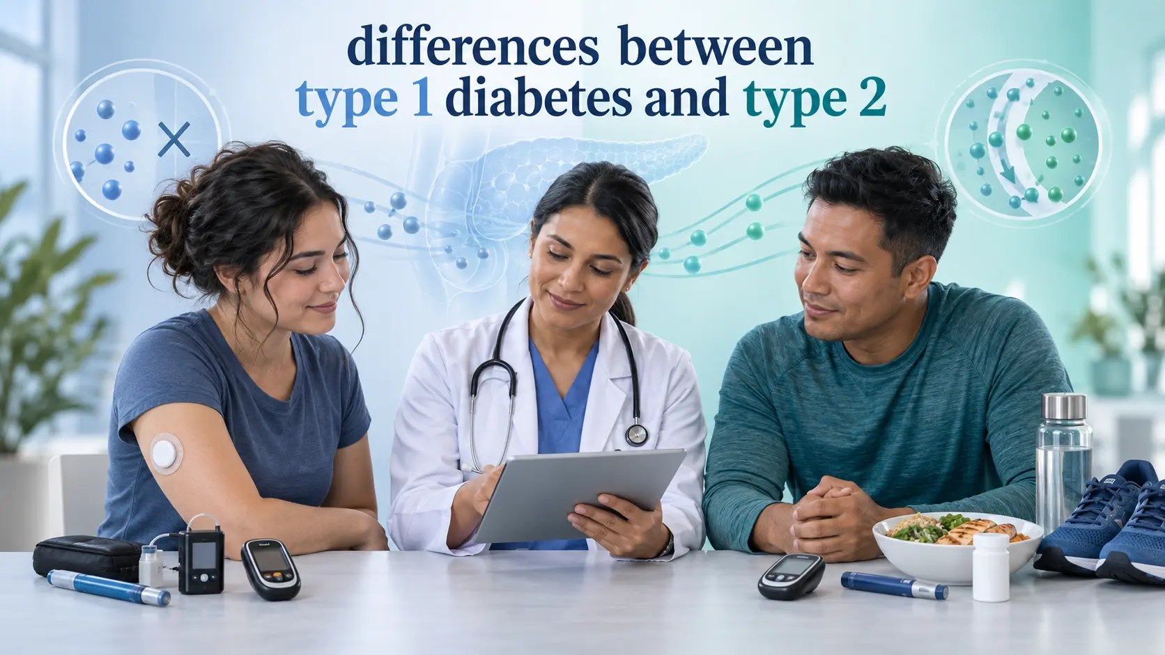 differences between type 1 diabetes and type 2 including insulin production, glucose monitoring, diagnosis, treatment, and risks