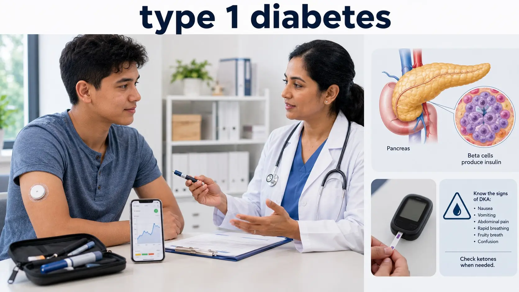 Person discussing type 1 diabetes insulin treatment, continuous glucose monitoring, and blood-sugar management with a healthcare professional.