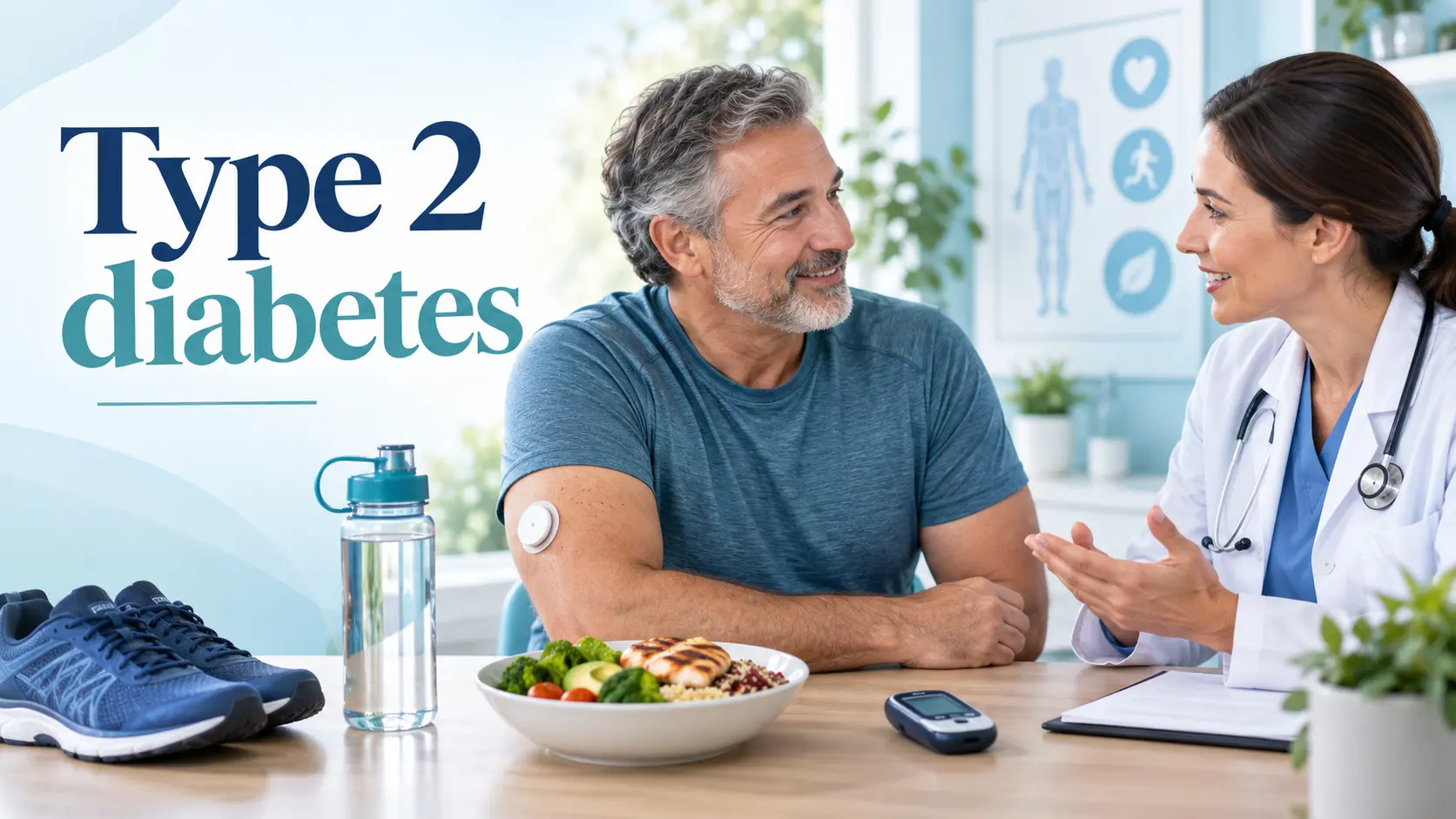 Type 2 diabetes treatment and prevention with glucose monitoring, healthy food, physical activity, medicines, and heart and kidney care