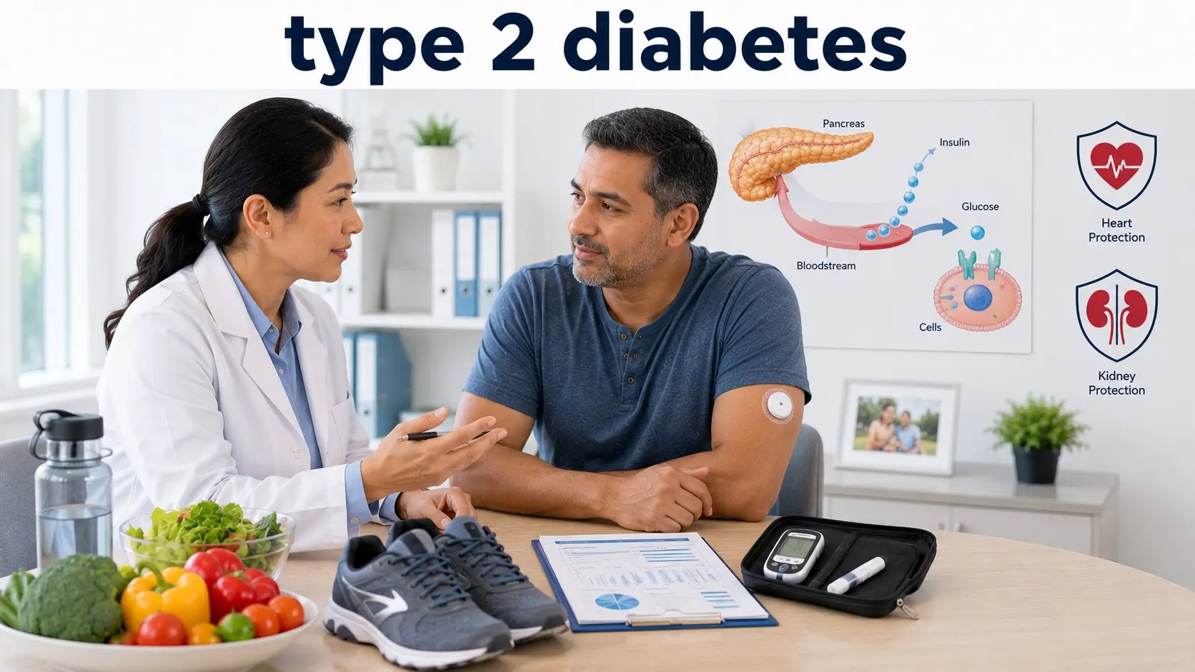 Adult discussing Type 2 diabetes testing, medicines, glucose monitoring, nutrition and physical activity with a healthcare professional