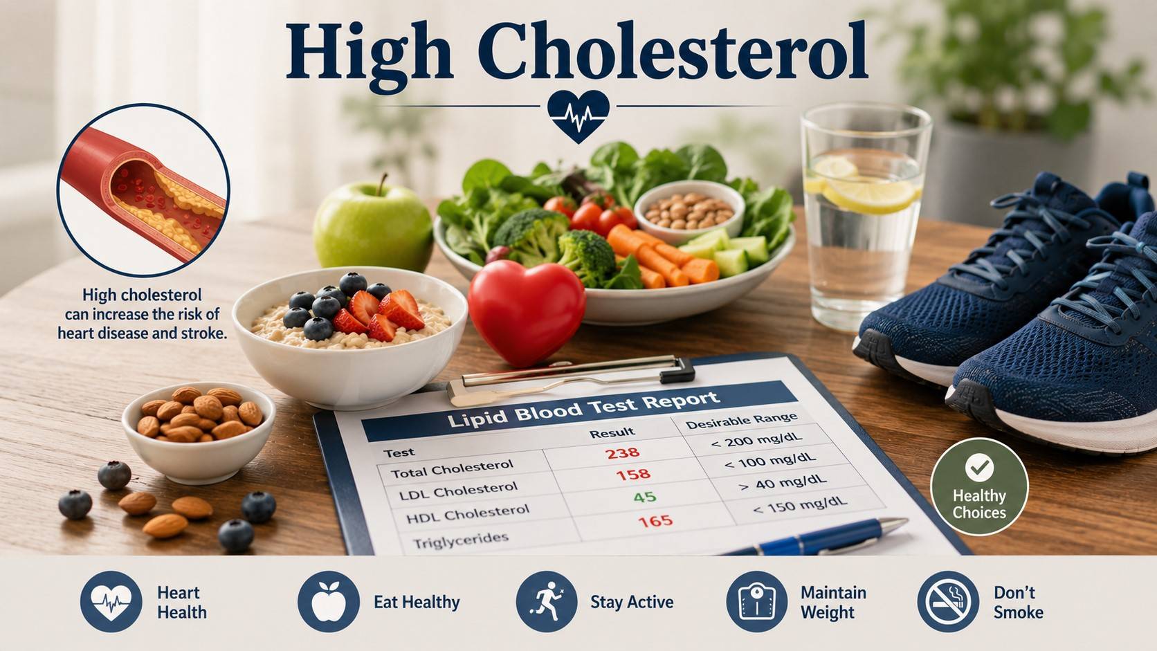 High Cholesterol guide with a blood test report, heart icon, healthy food, walking shoes, and cholesterol warning symbols.