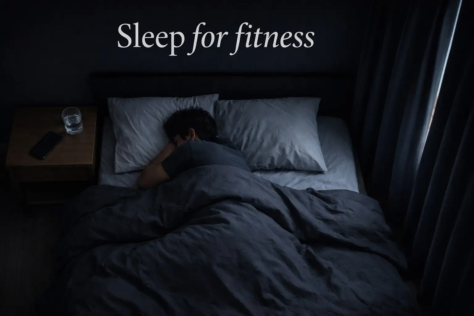 Person sleeping in a dark cool bedroom representing optimised sleep for fitness and weight loss