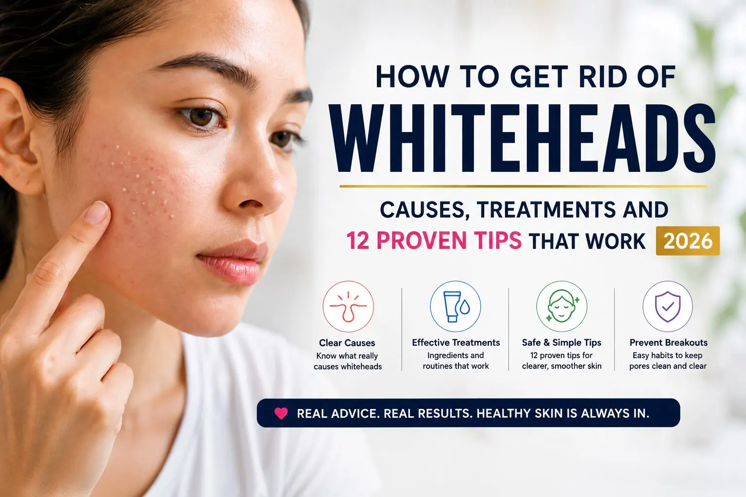 Woman examining whiteheads on her cheek beside the text “How to Get Rid of Whiteheads”